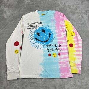 Chinatown Market Shirt Men Small White Tie Dye Smiley Anti Virus Long Sleeve AOP